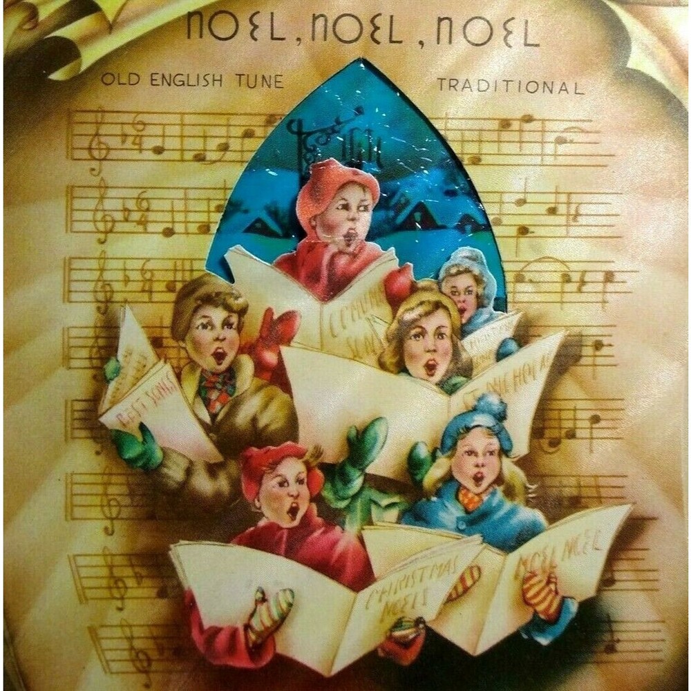 Noel Christmas Carolers Greeting Card Diecut Stained Glass Vintage Mid Century